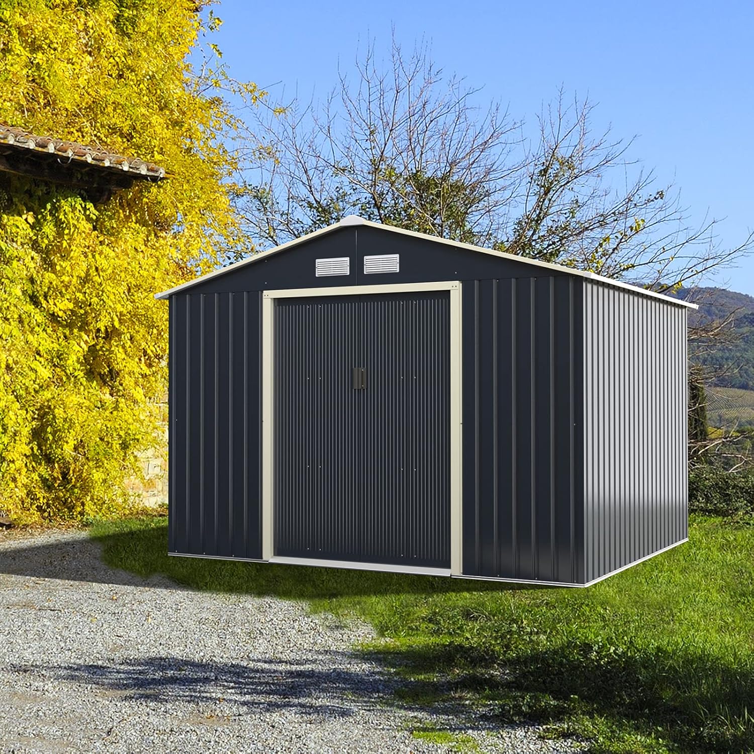 GOPLUS - abri de jardin métal 277x255x202cm, portes coulissantes, résistant intempéries