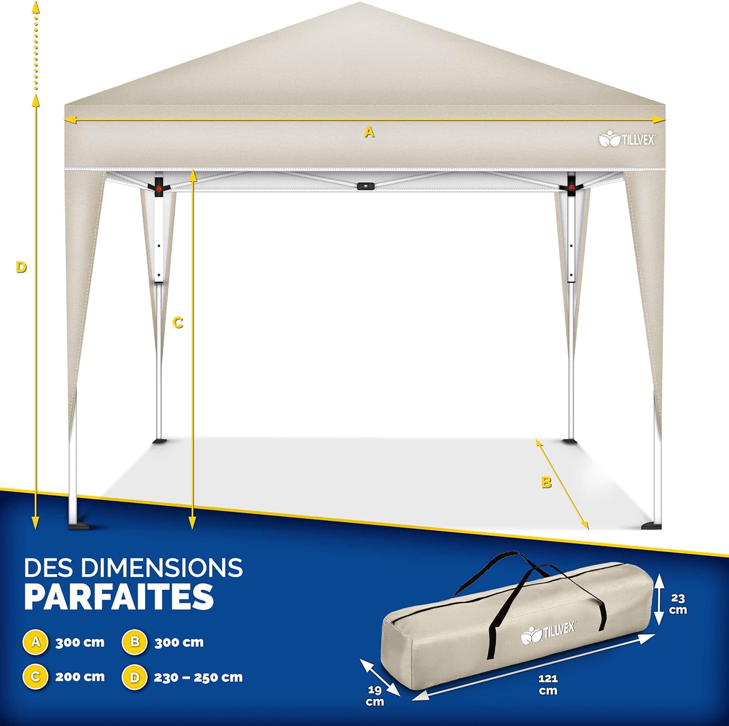 Tillvex - Tonnelle pliante jardin série 3x3m réglable UV50+ sac