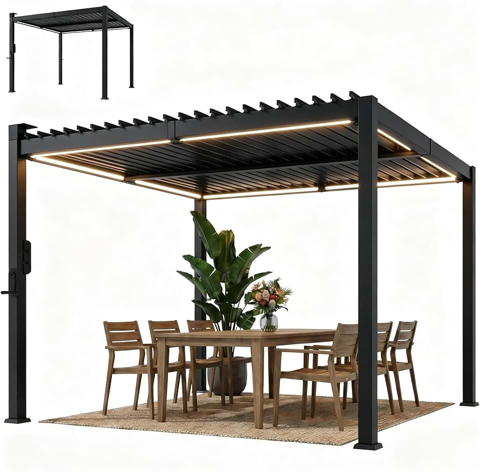 Outsunny - Pergola bioclimatique 3x3m - LED solaires, lames orientables, toit métal, gouttières