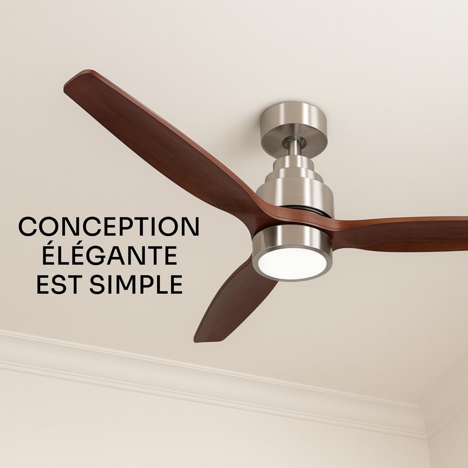 Mellerware - Ventilateur de plafond avec télécommande Brizy! Bright 45W | Lampe puissante | Ultra silencieux | 3 lames | Diamètre 132cm | 6 vitesses | Refroidissement + LED intégrée | Bois foncé