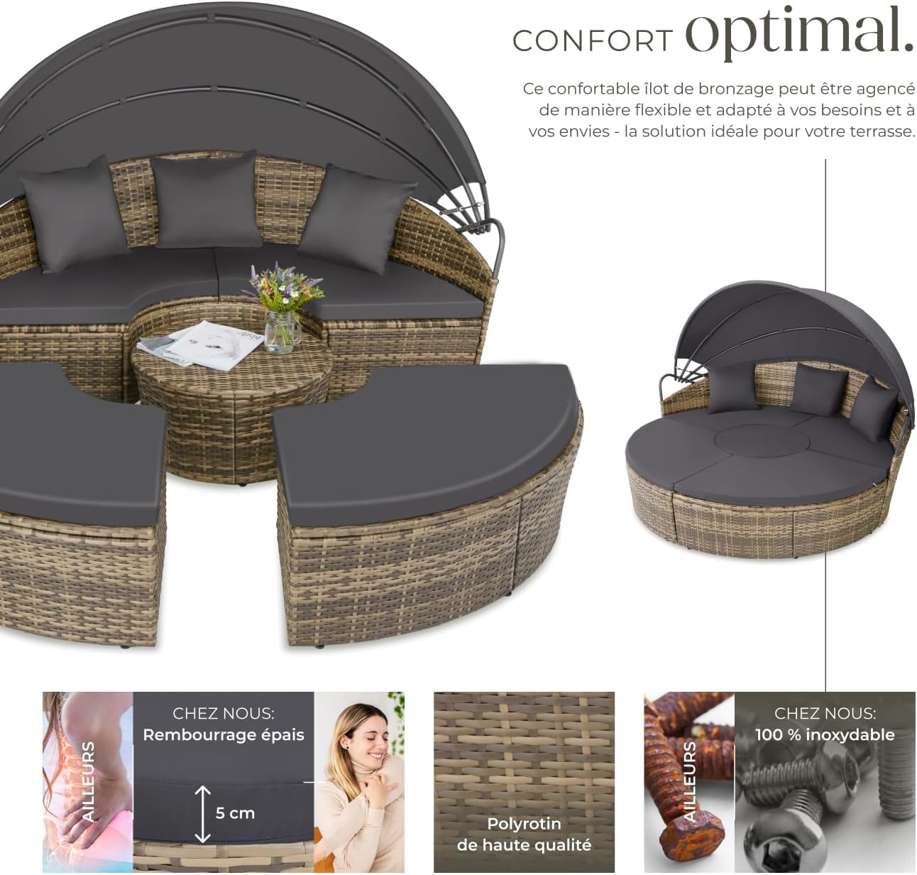 tectake - Bain de soleil modulable avec pare-soleil, coussins inclus, résine tressée, relax extérieur