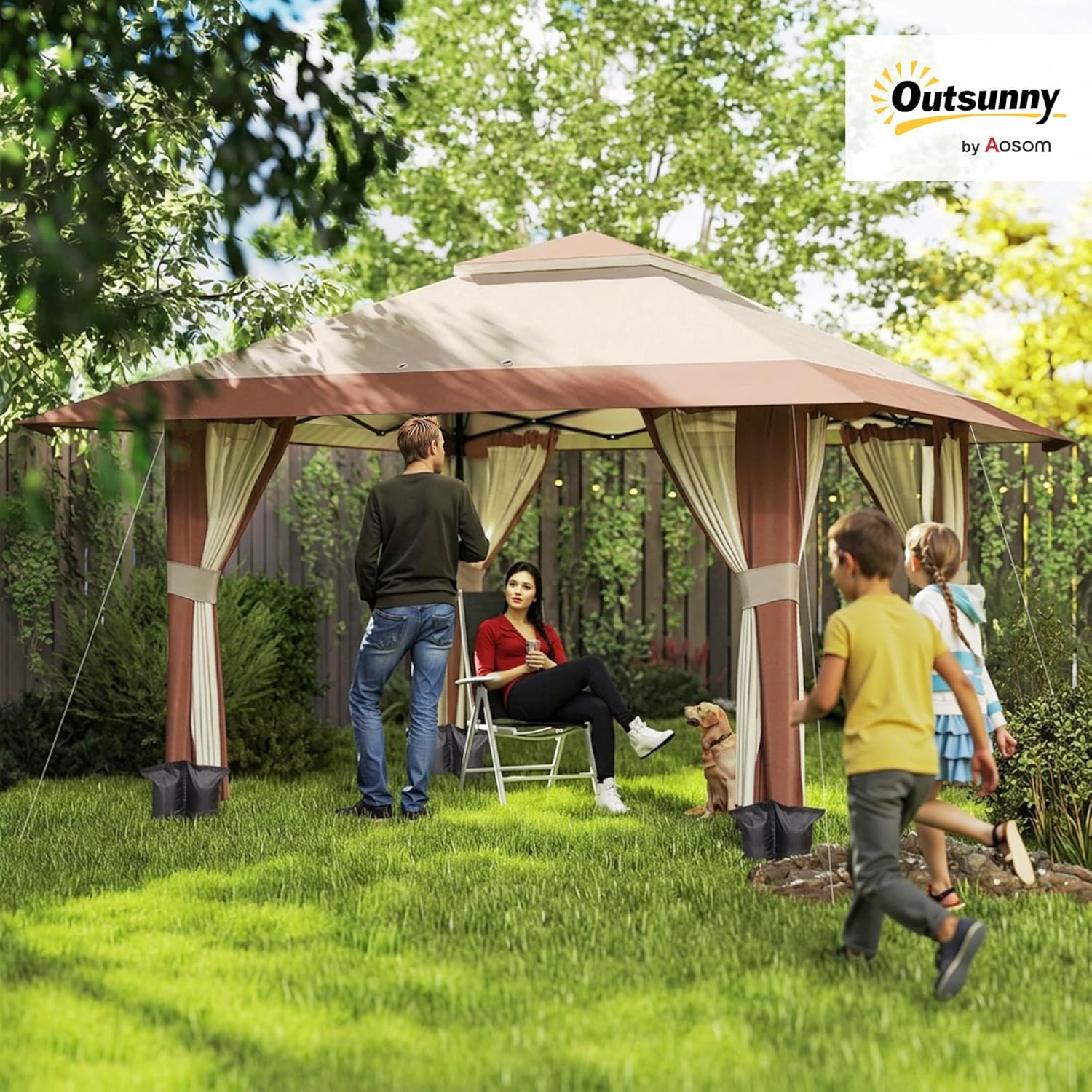 Outsunny - Tonnelle pliante - 4x4 m - parois filet, UV50+, réglable, sac roues