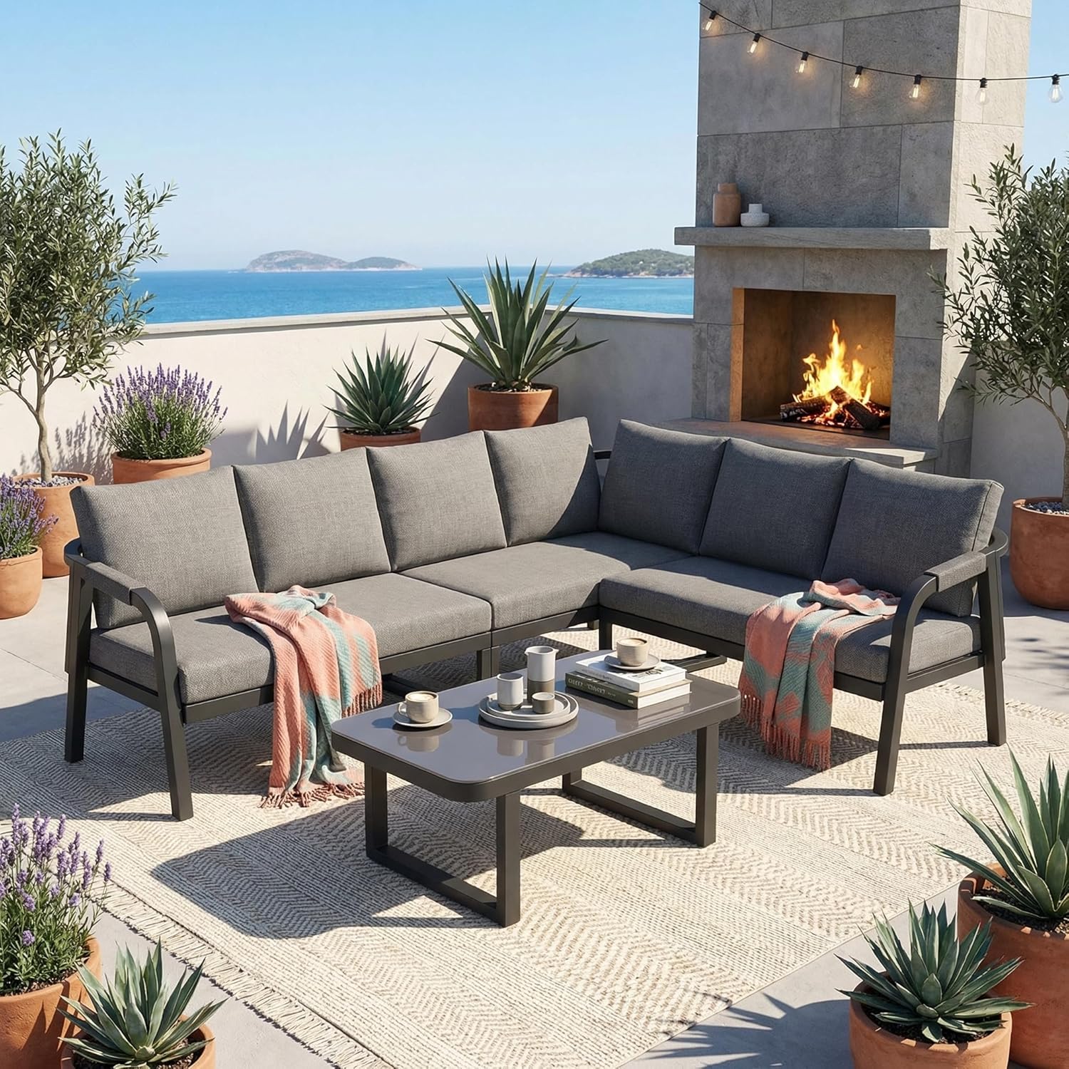 Sapgaks - Salon de jardin extérieur 5-6 pers - acier galva, dossiers tressés, table basse, coussins - G-Gris