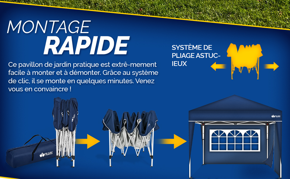 un belvédère bleu et blanc avec une flèche jaune pointant vers la droite.