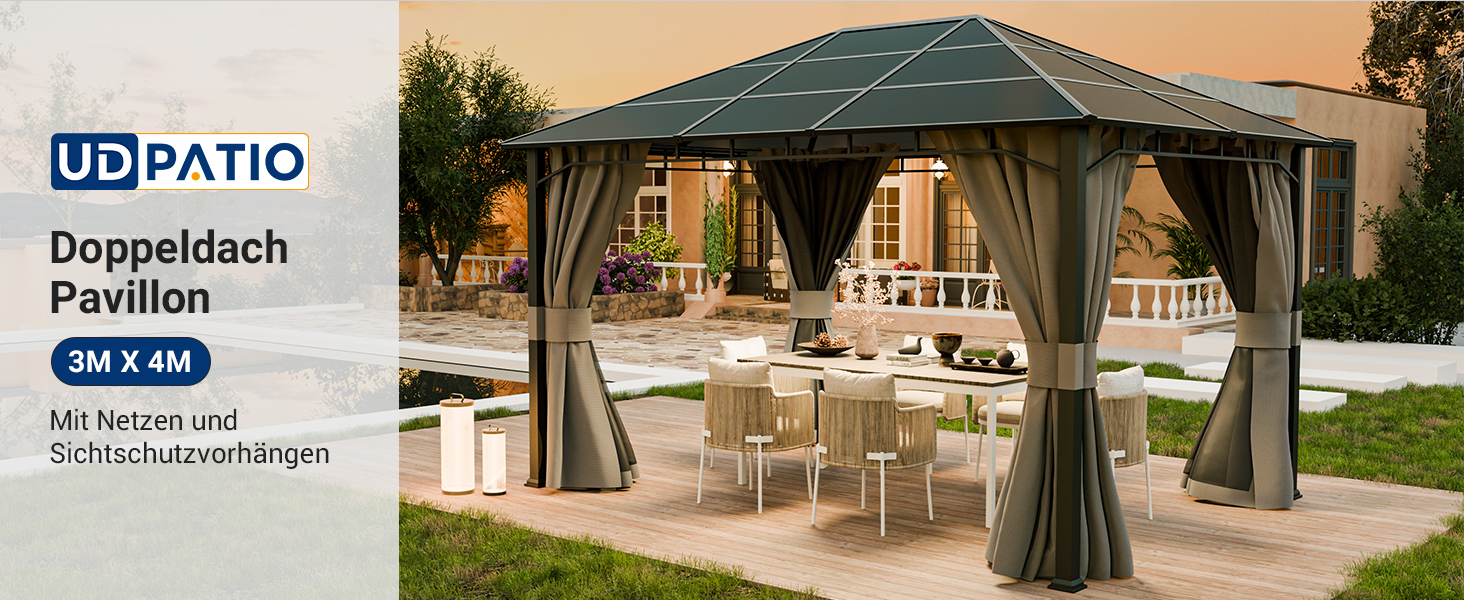 Grand pavillon extérieur avec toit en métal vert, rideaux en maille et sièges intégrés. Dimensions du produit : 3 x 4 m, idéal pour une utilisation dans le jardin ou la terrasse