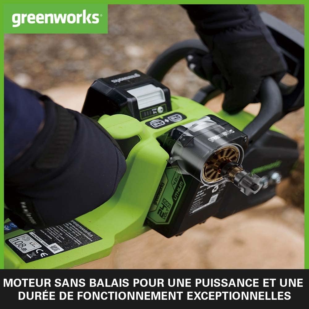 Greenworks - Tronçonneuse sans fil série 48V - 35cm - moteur sans balais, vitesse 20m/s, 2 batteries 24V 4Ah, graisseur 