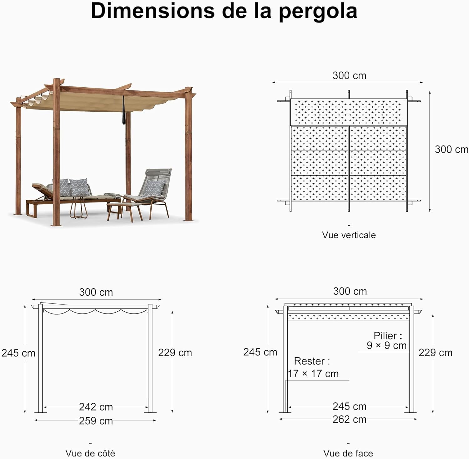PURPLE LEAF - pergola aluminium - 3x3m - teck, toile rétractable, kaki