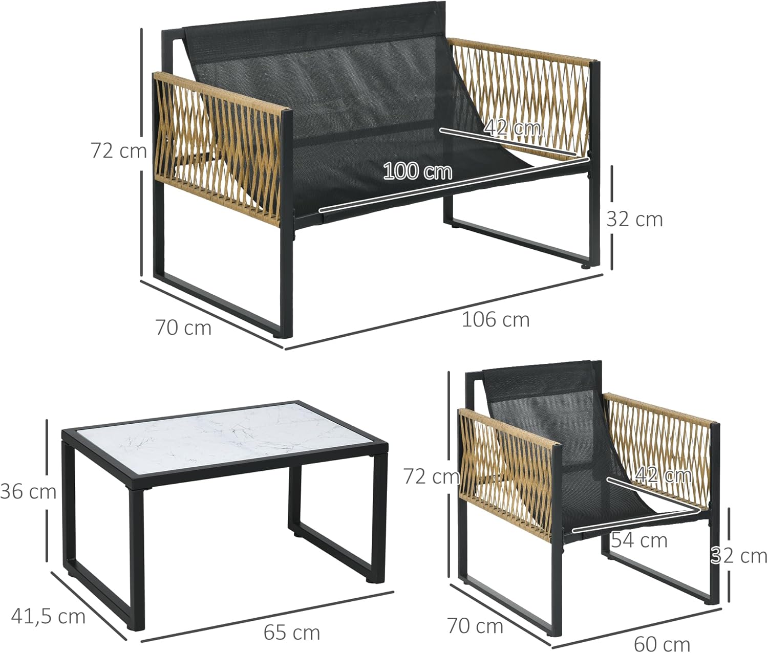 Outsunny - salon de jardin 4 pièces canapé, fauteuils, table, coussins - acier/résine, crème