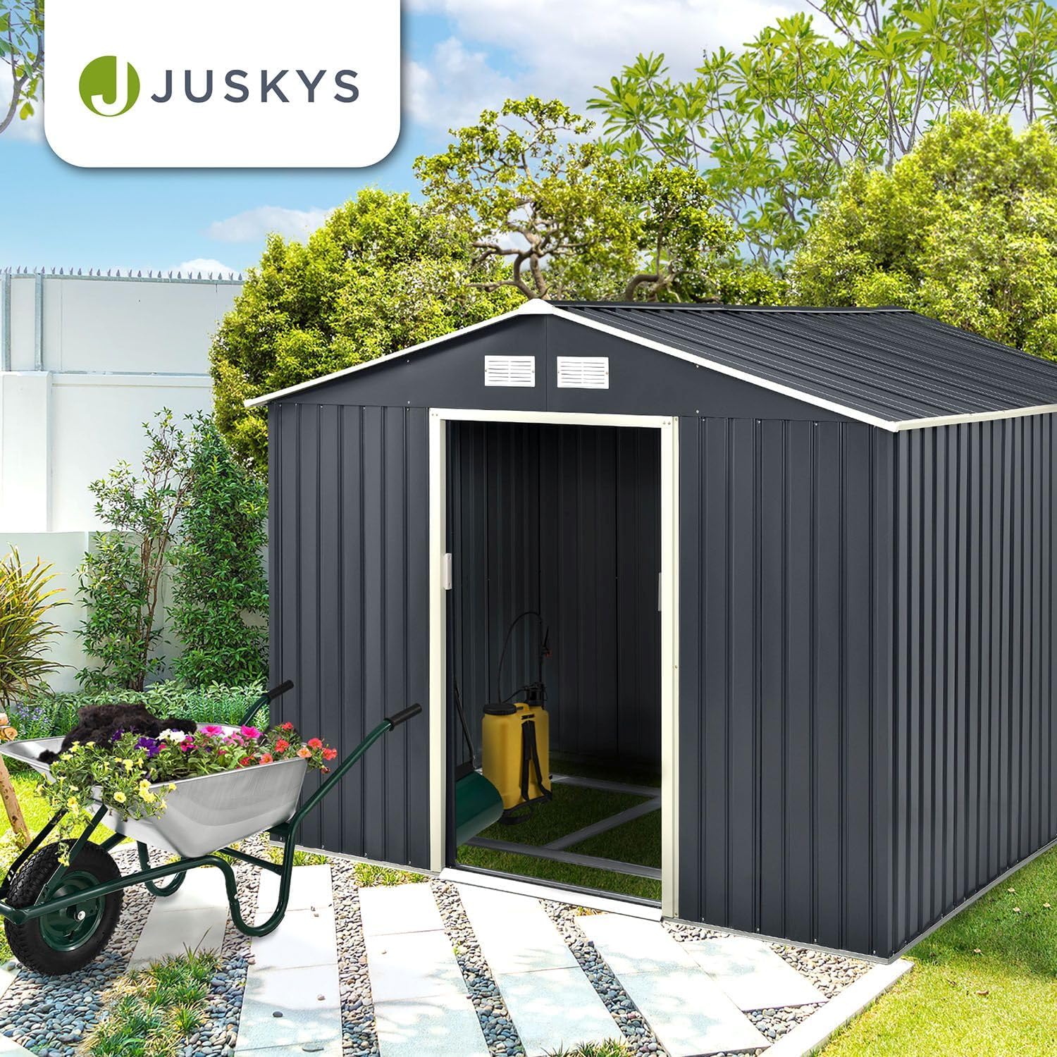Juskys - Abri à outils XXL - 277x319x192cm - métal, porte coulissante, fondation, toit en pente