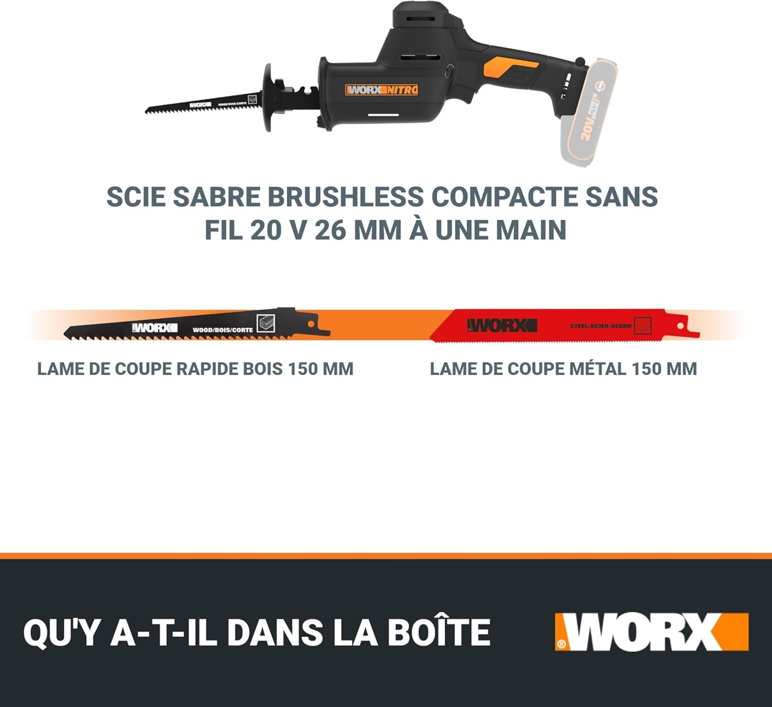 WORX - Scie sabre 20V, 26mm, brushless, vitesse variable, WX501.9