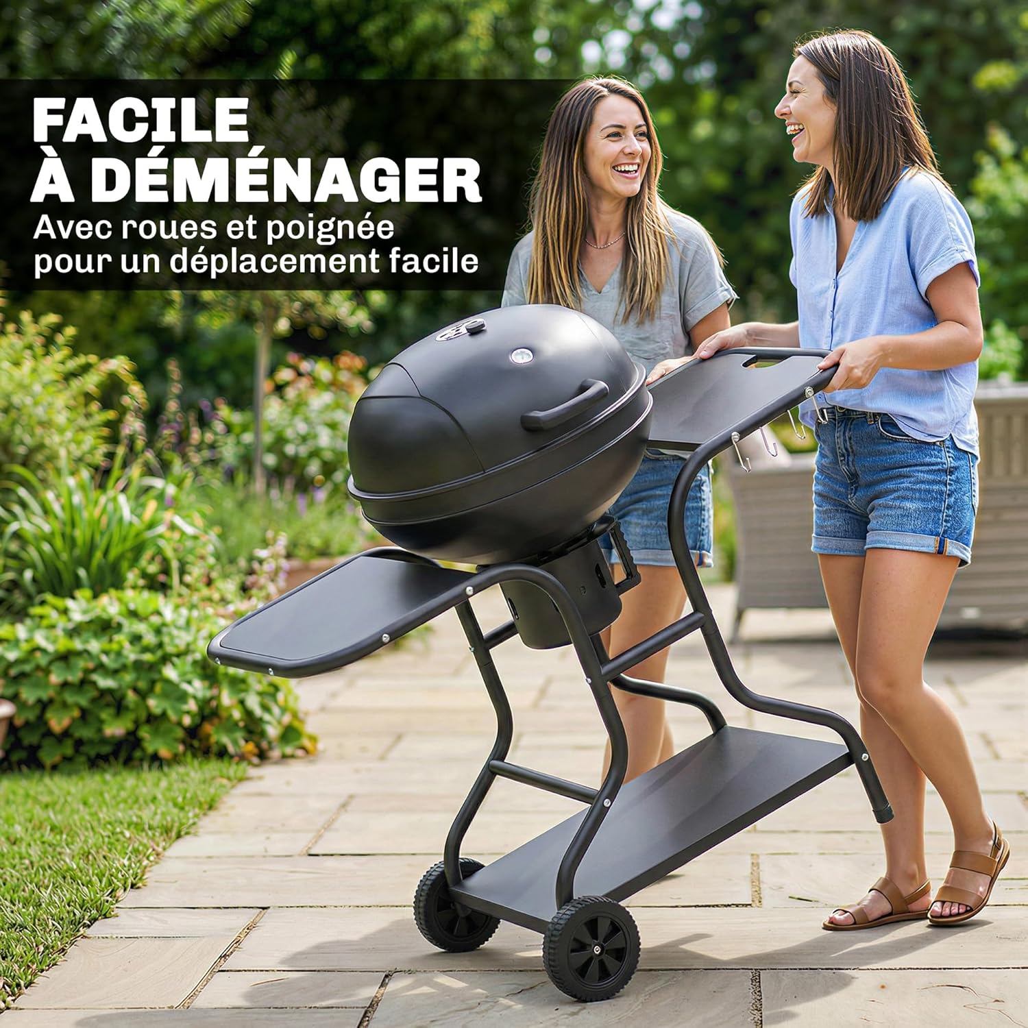 Outsunny - barbecue rond extérieur - 66x55x98cm - couvercle, roues, thermomètre