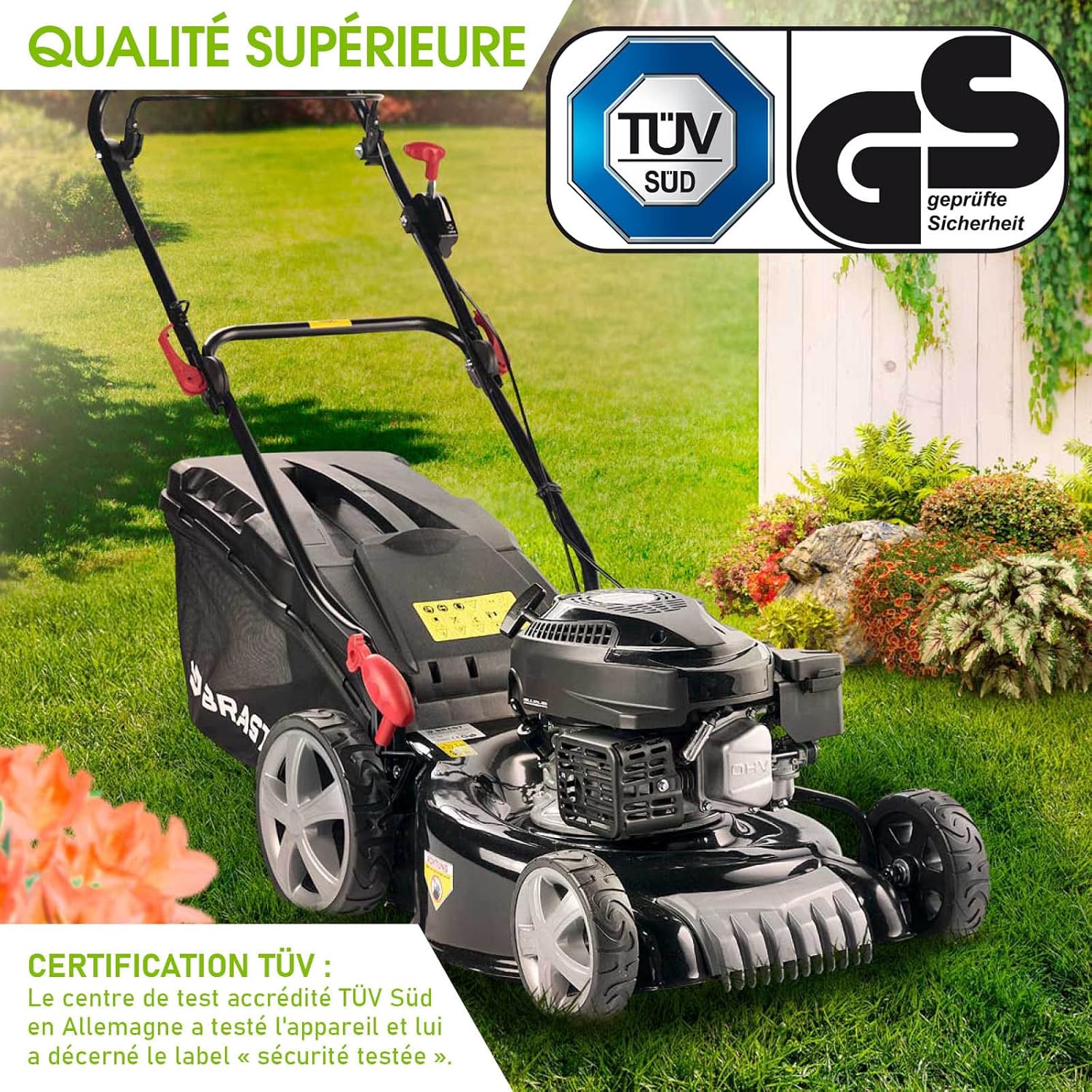 BRAST Tondeuse Thermique tractée 46cm 170 CC mulchig 3,5kW (4,7 CV), 60l -5 MODÈLES Diff.- Moteur 4 Temps Easy Clean, 3en1, châssis en tôle d'acier, Tondeuse Thermique Coupe reglable