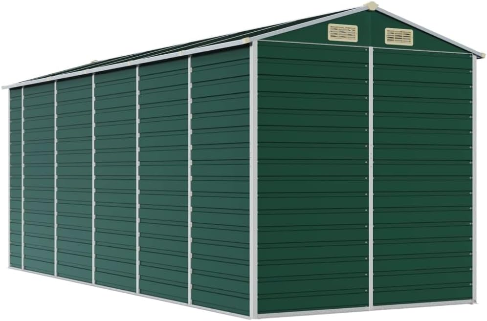 vidaXL Abri de Jardin, Cabane à Outils avec Poignées, Remise à Outils avec Toit Inclinable, Abri de Rangement Terrasse, Vert 191x470x198 cm Acier Galvanisé