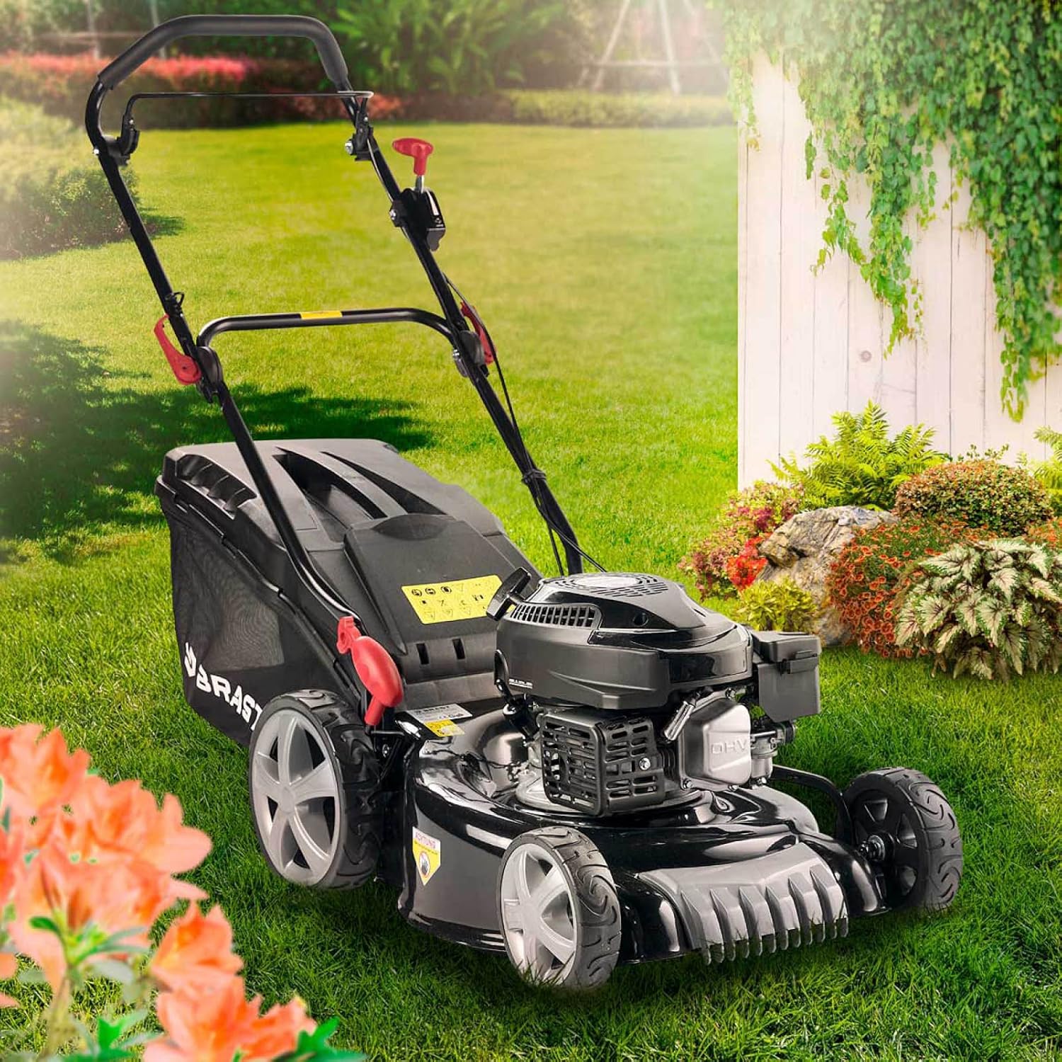 BRAST Tondeuse Thermique tractée 46cm 170 CC mulchig 3,5kW (4,7 CV), 60l -5 MODÈLES Diff.- Moteur 4 Temps Easy Clean, 3en1, châssis en tôle d'acier, Tondeuse Thermique Coupe reglable