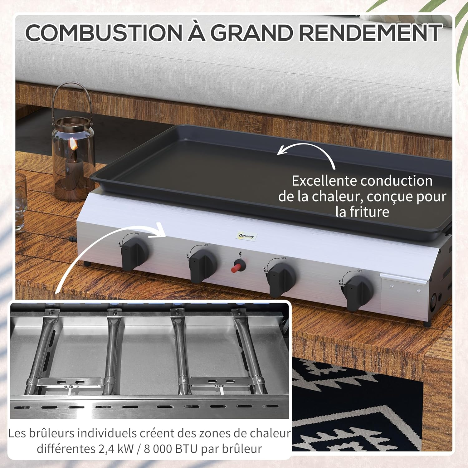 Outsunny - plancha 4 brûleurs - 73x34 cm - acier inox émaillé, 9,6kW, grande surface