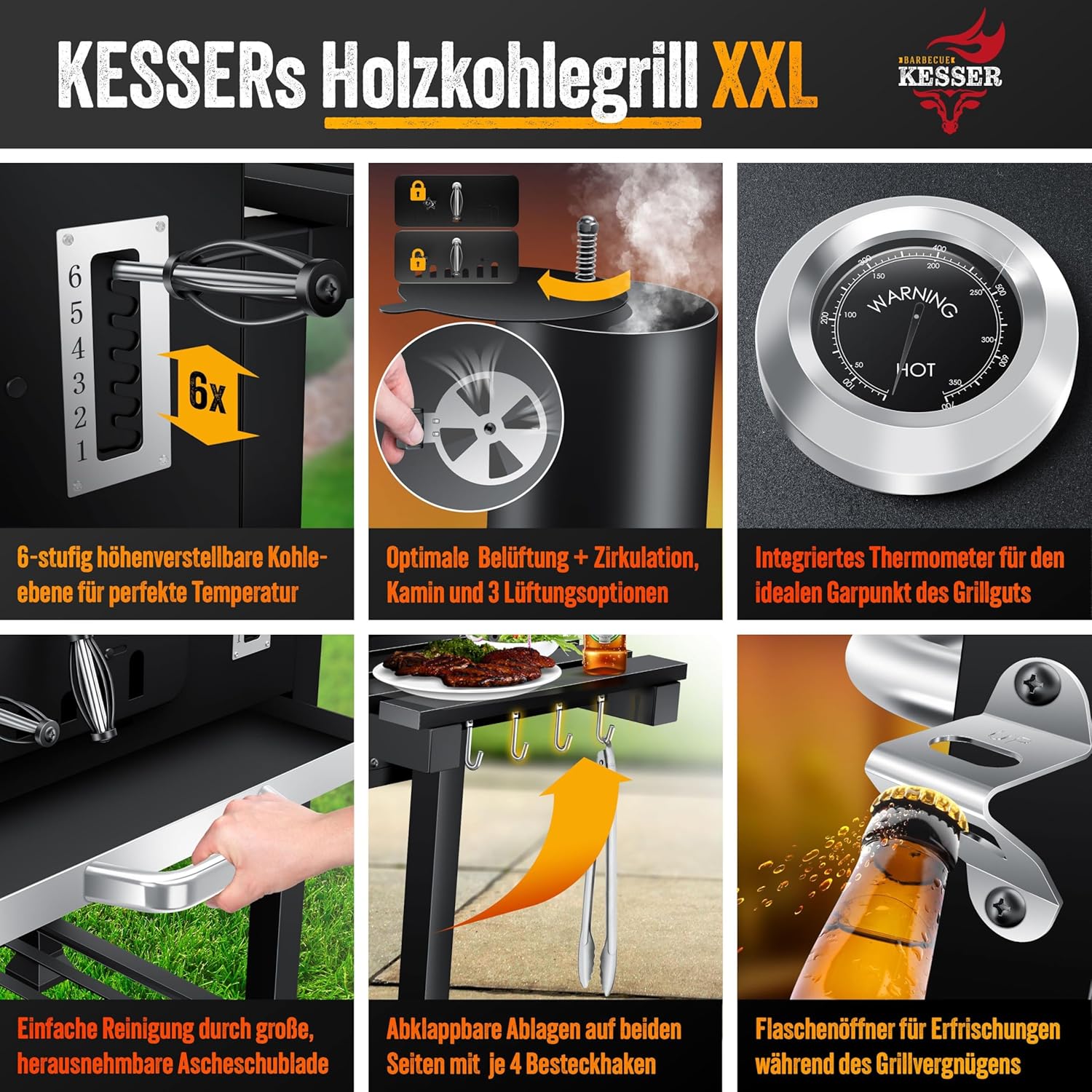 KESSER - barbecue charbon XXL - sur pied, thermomètre, 8 brochettes