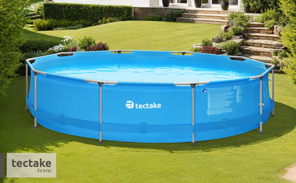 Le texte indique « tectake ». Vues multiples d'une piscine hors sol ronde de couleur bleue installée sur gazon dans une cour arrière.