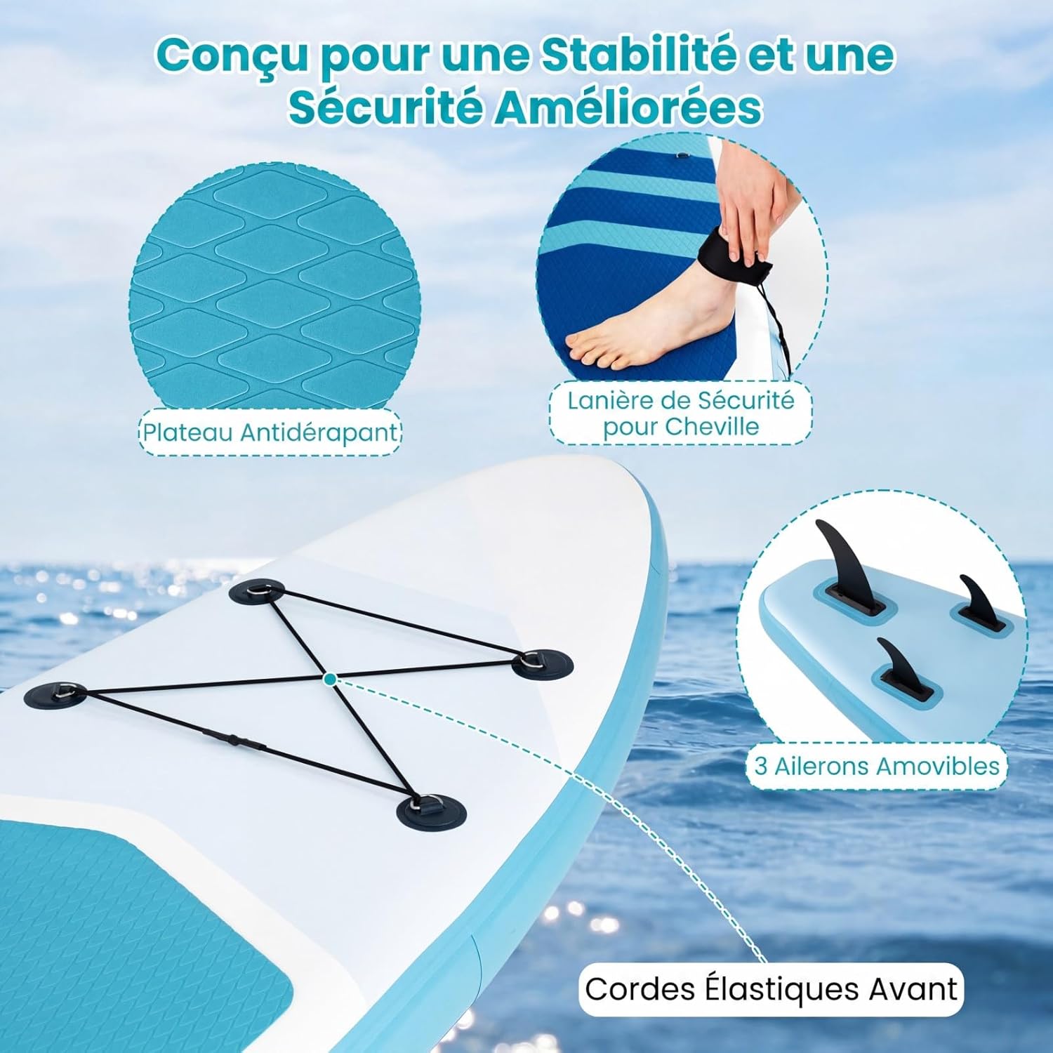 HOMASIS 336 x 77 x 16 cm Planche à Pagaie Gonflable, Planche de Surf avec Pagaie Réglable, Pompe à Main, 3 Ailerons, Anneaux en D & Laisse, Paddle Stand Up Léger pour Surf, Lacs, Mers
