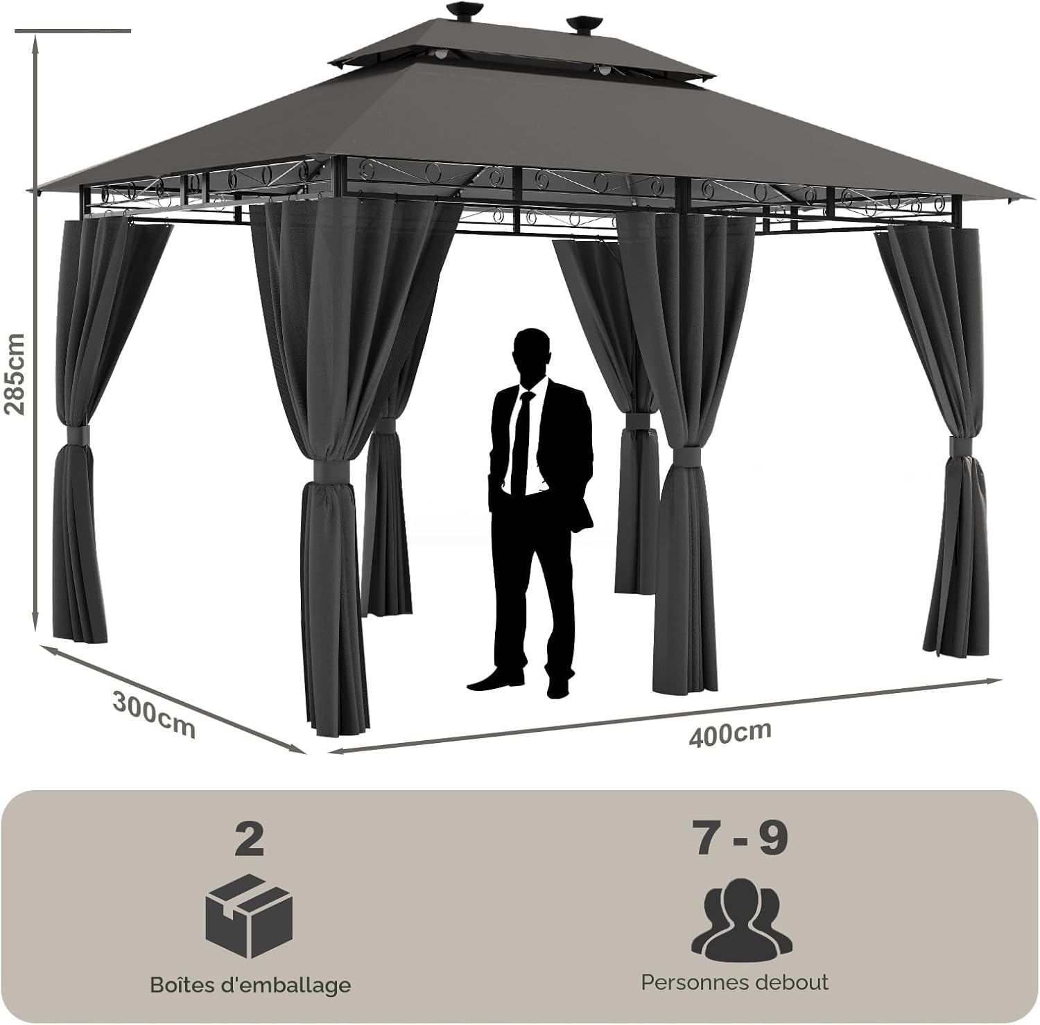 Devoko - tonnelle Deluxe - 3x4m - LED, imperméable, cadre métal