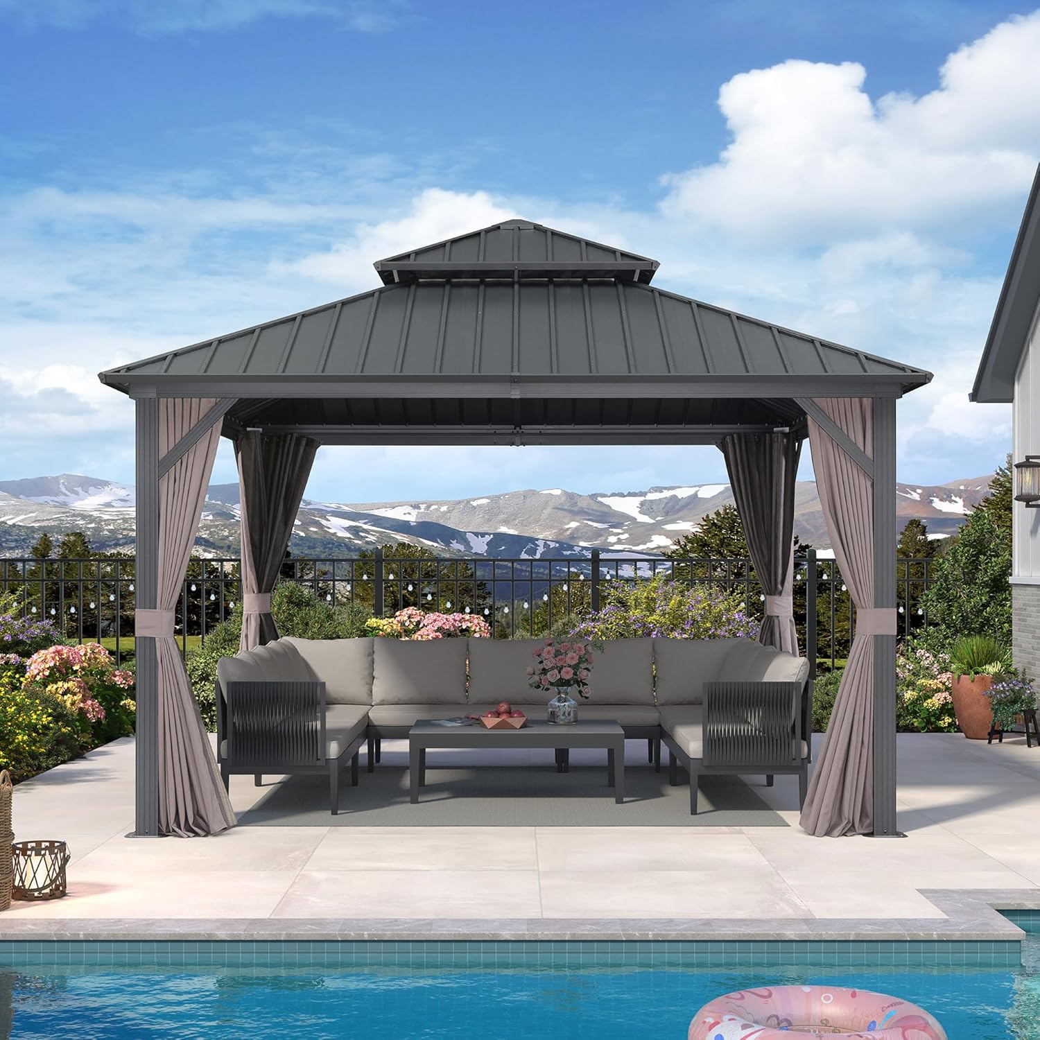 PURPLE LEAF - Pavillon jardin double toit alu 3,65x3,65m, rideaux, moustiquaire