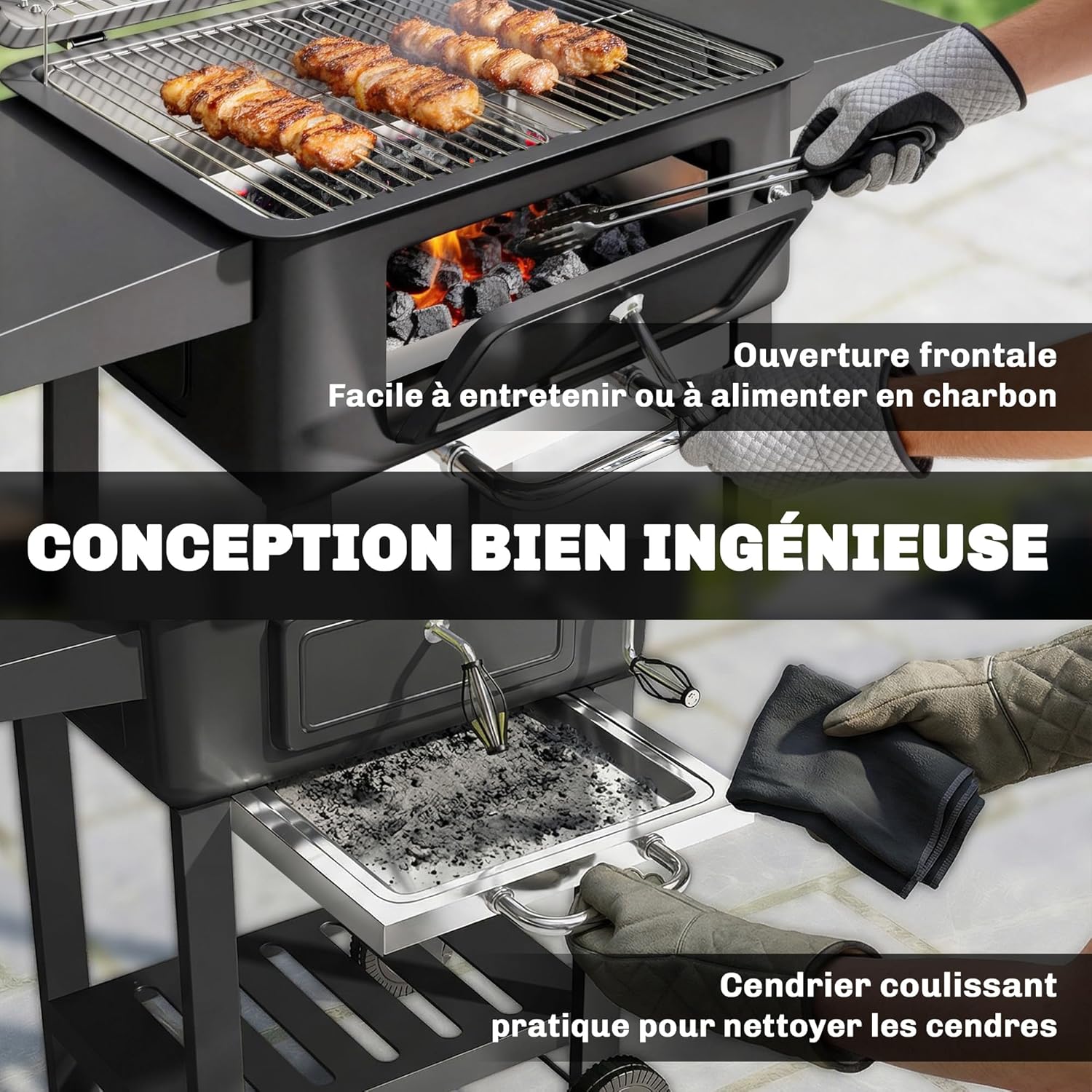 Outsunny - Barbecue XXL 112 cm - fumoir, thermomètre, chariot, couvercle