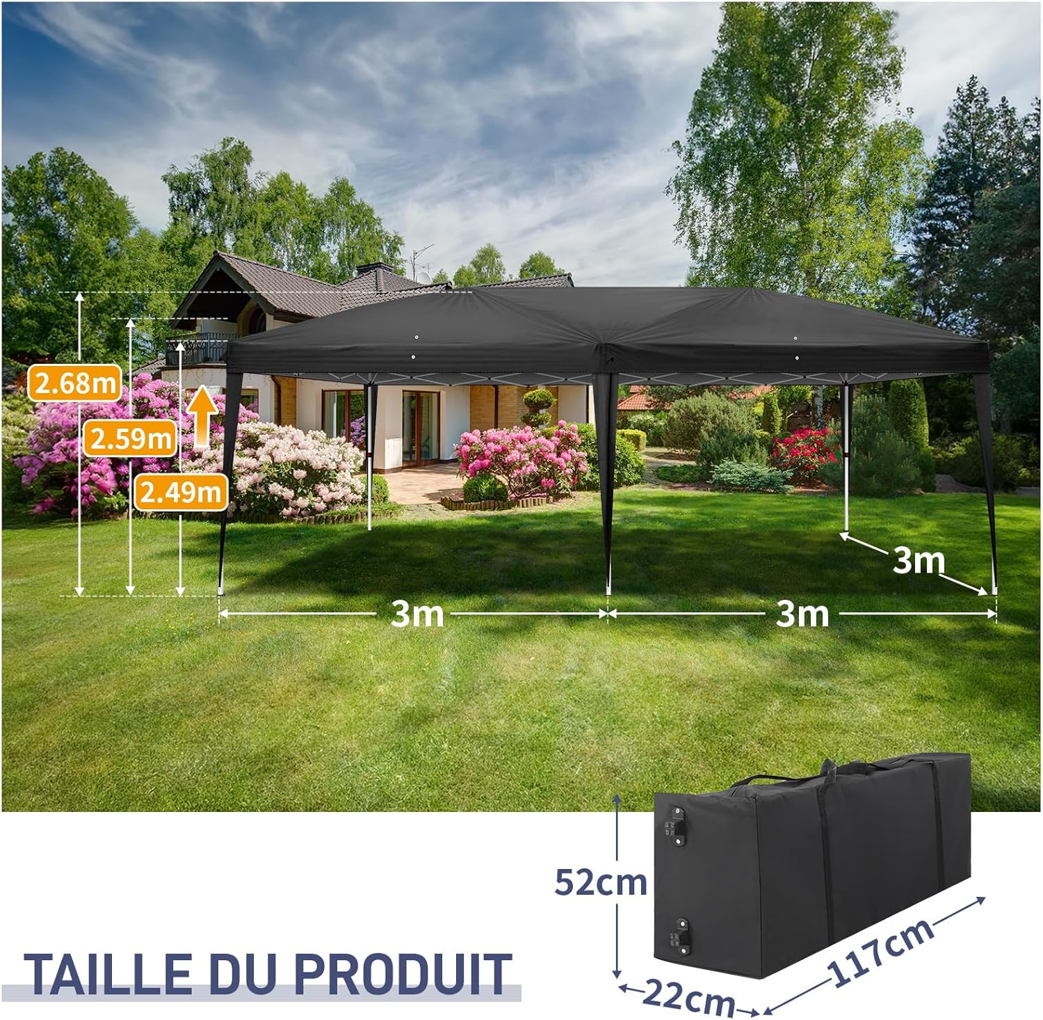 LEADZM - tonnelle pliante série 3x6m - acier, 6 côtés, UV50+, noir