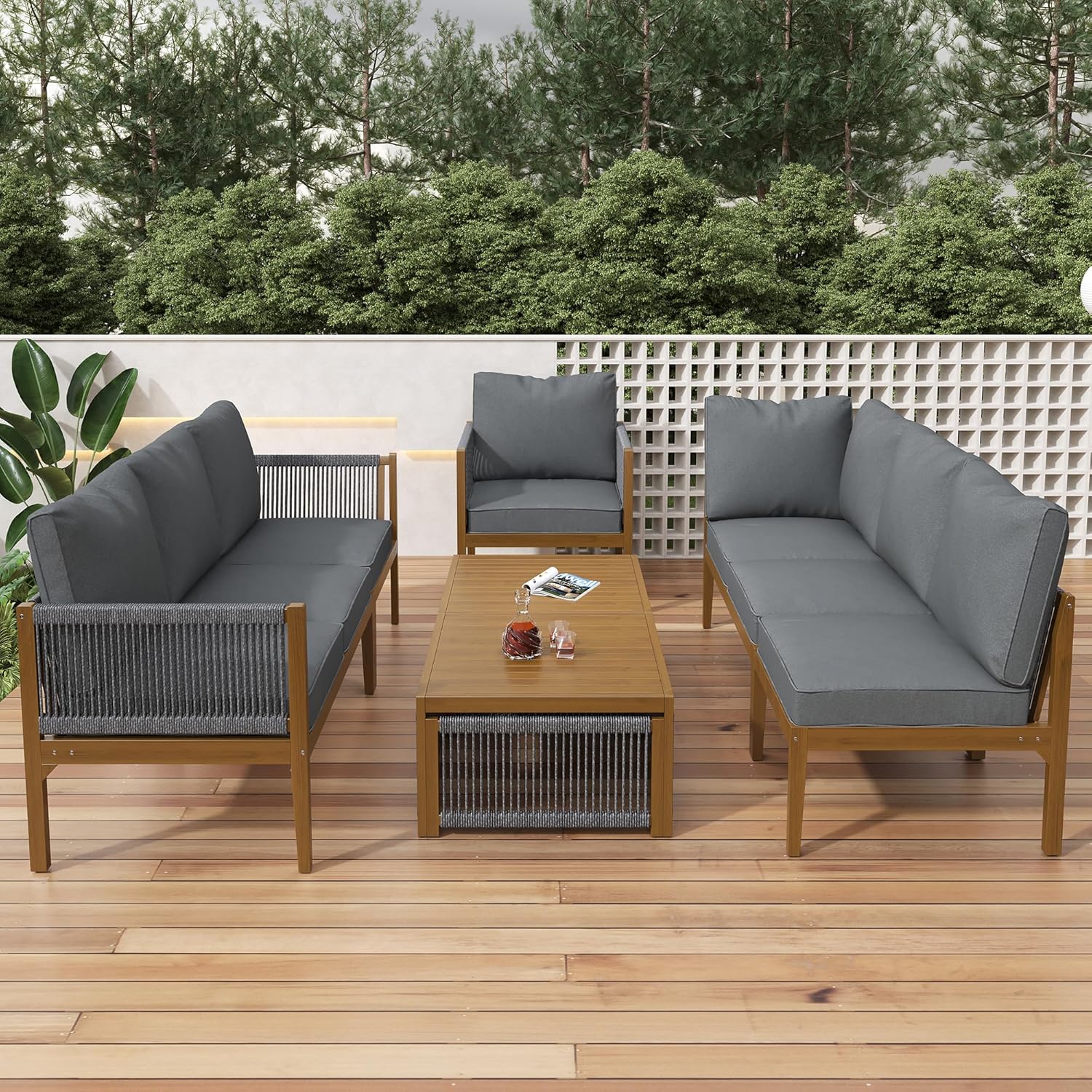 Sapgaks - salon de jardin C-Gris+Naturel - 7/8 personnes - angle, coussins lavables