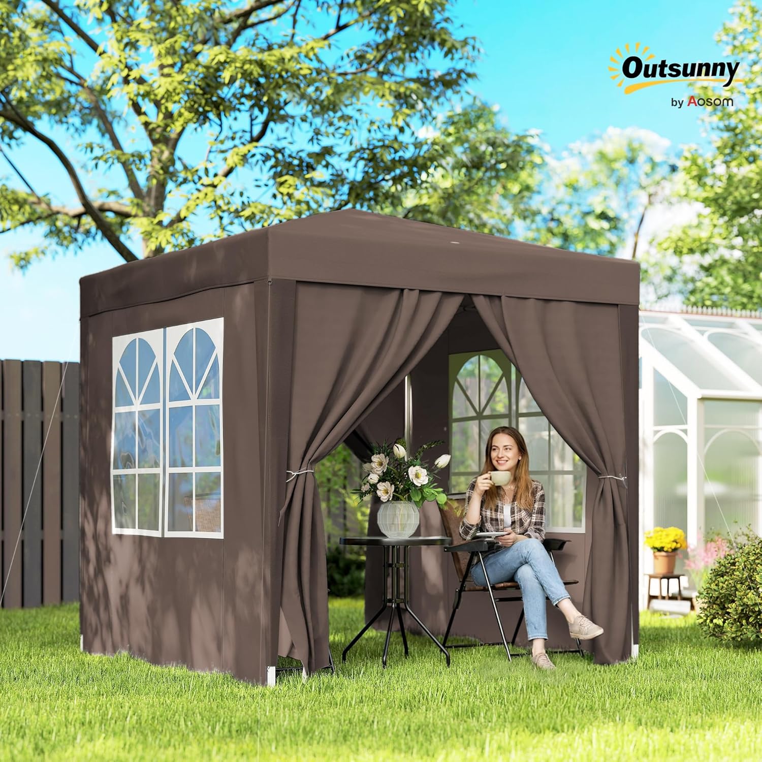 Outsunny - tonnelle pliante jardin 2x2m, hauteur réglable, 4 côtés, marron