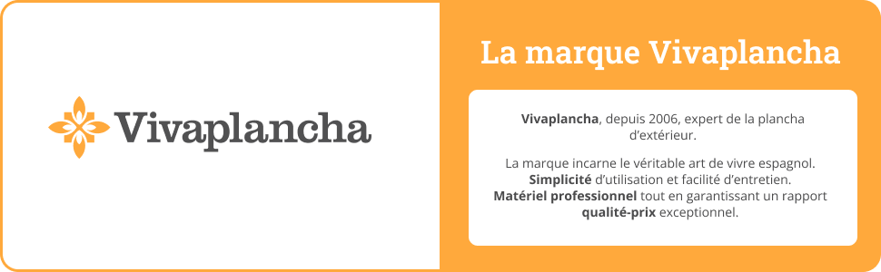 de la marque Vivaplancha décrivant la marque en tant qu'experte en matière de grillades à la plancha, mettant l'accent sur