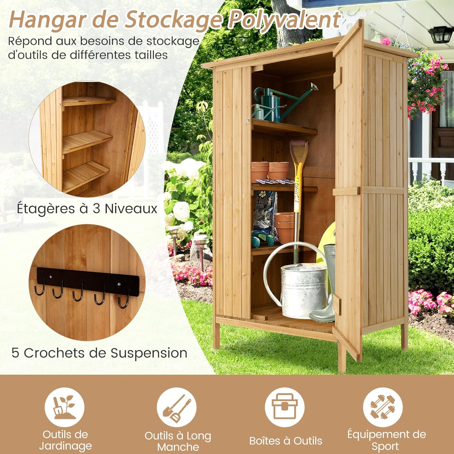 COSTWAY - armoire jardin bois - 3 étagères, toit asphalte, porte verrouillée