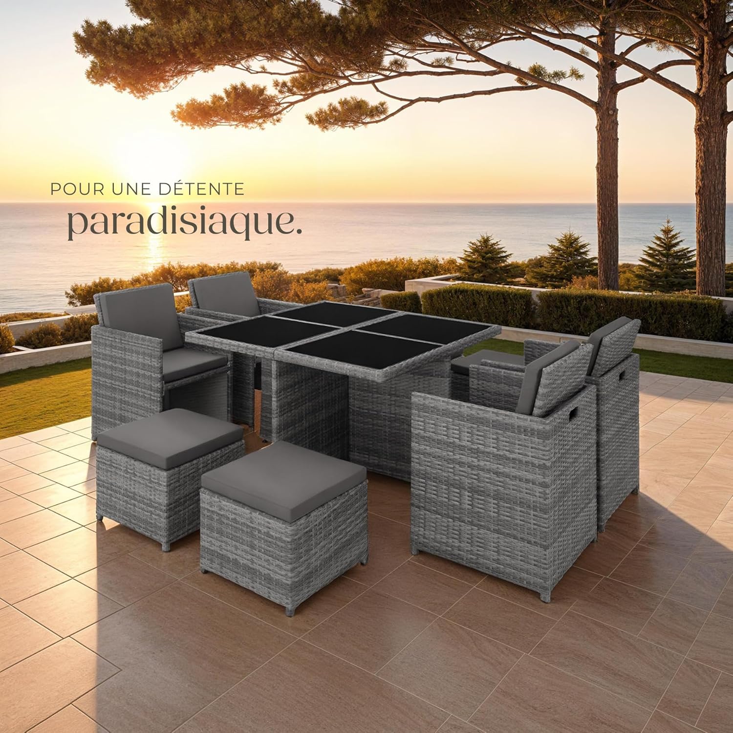 tectake - Salon de jardin 8 places aluminium rotin gris, confortable
