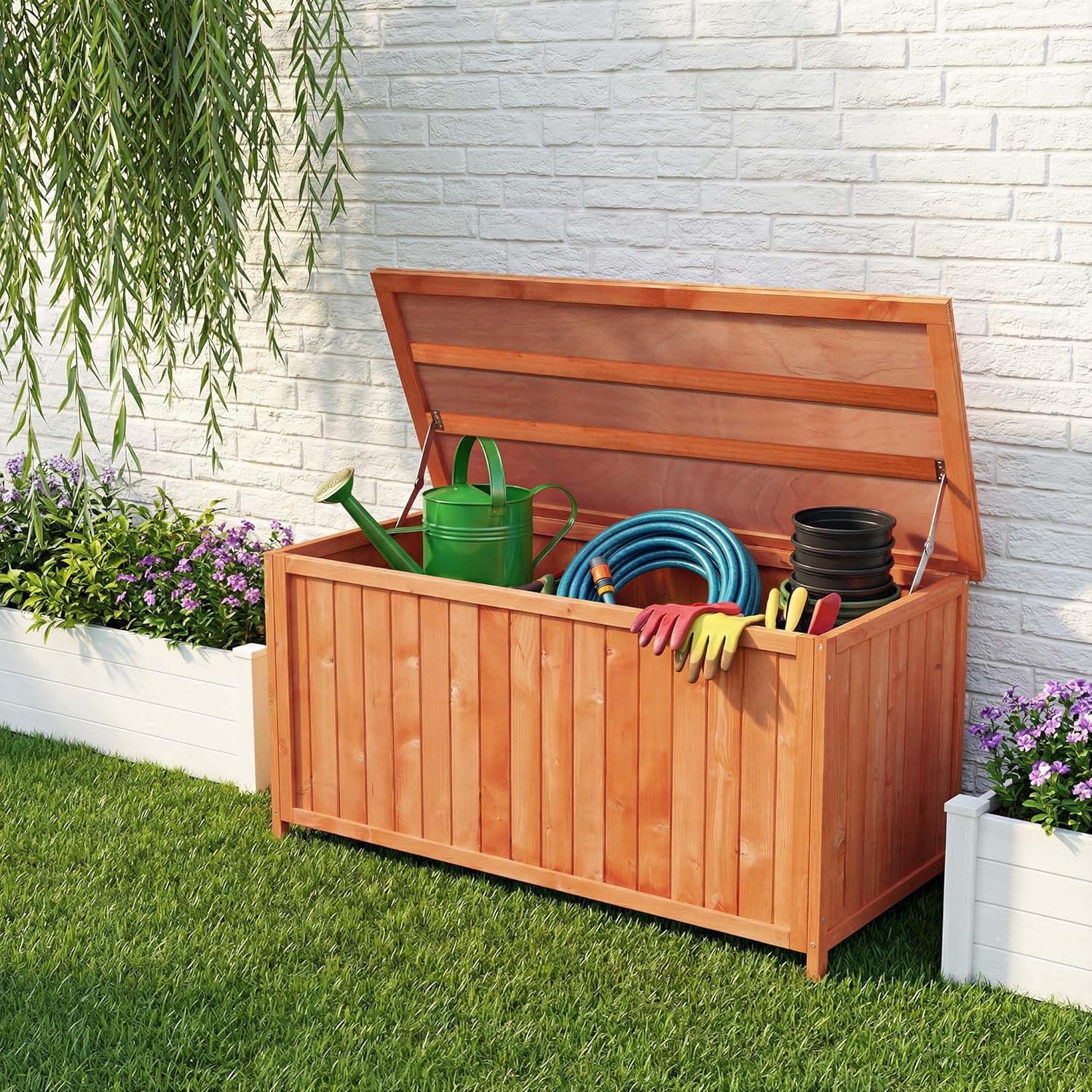 Wiltec - Coffre de jardin bois épicéa 127x55x60 cm, couvercle et fixations