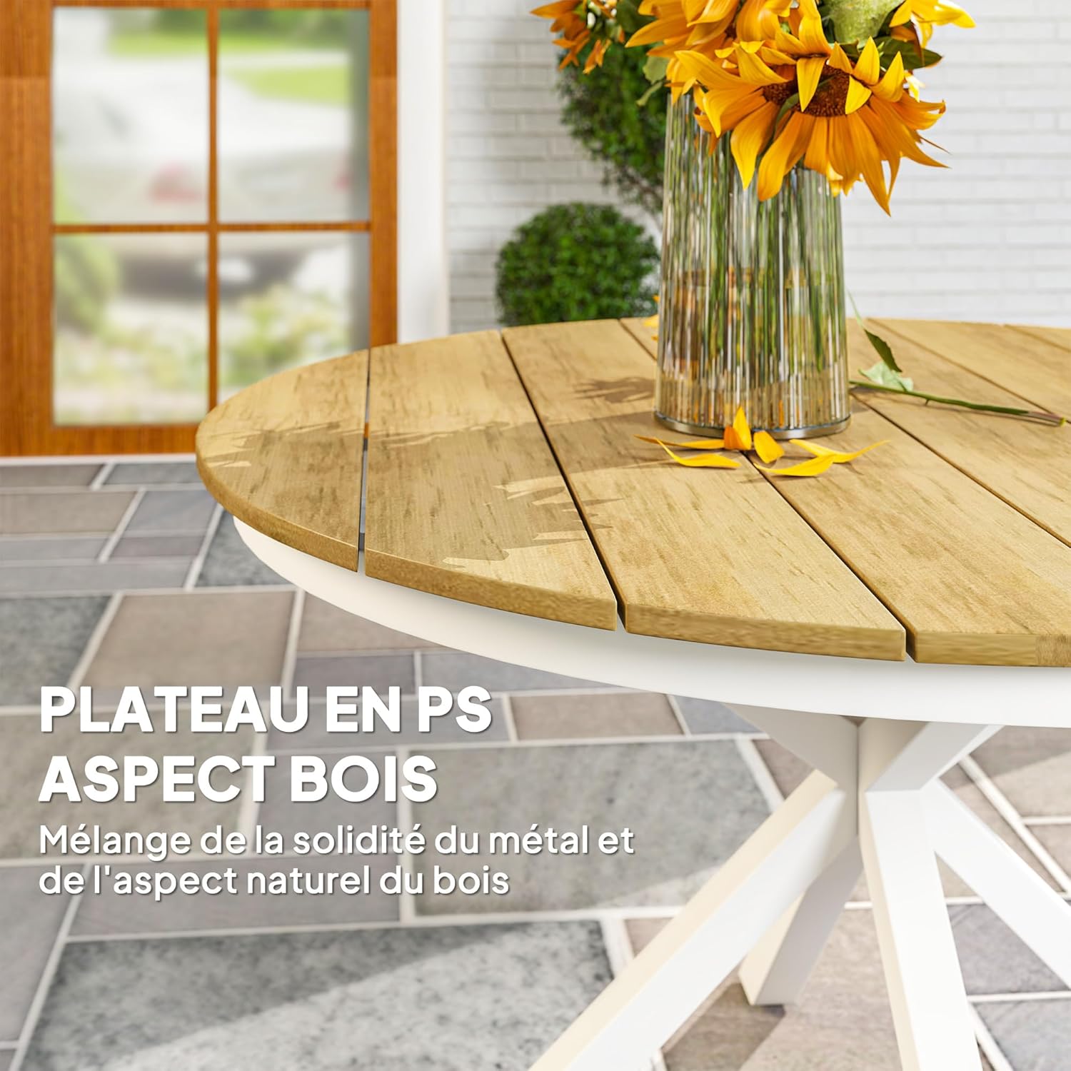 Outsunny - table ronde de jardin ø118 cm - aluminium, effet bois, pieds réglables