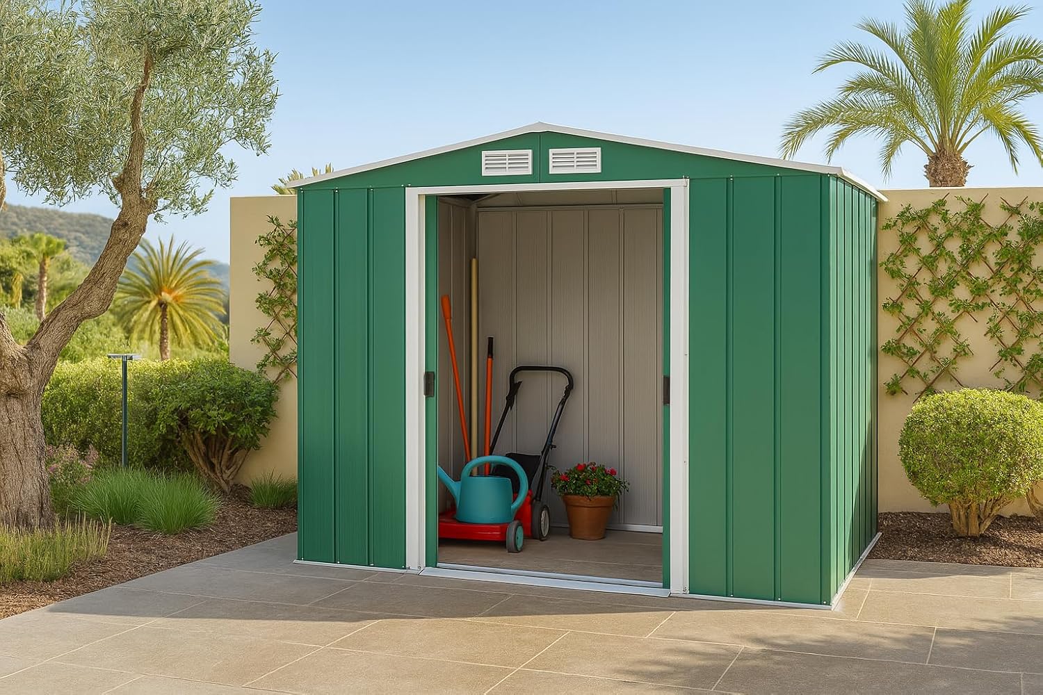Duramax ECO 8 x 8 (5.89 m²) Abri de Jardin en Métal Galvanisé à Chaud, Abri de Stockage d'Outils, Structure de Toit Renforcée, Abri en Métal Sans Entretien, Vert