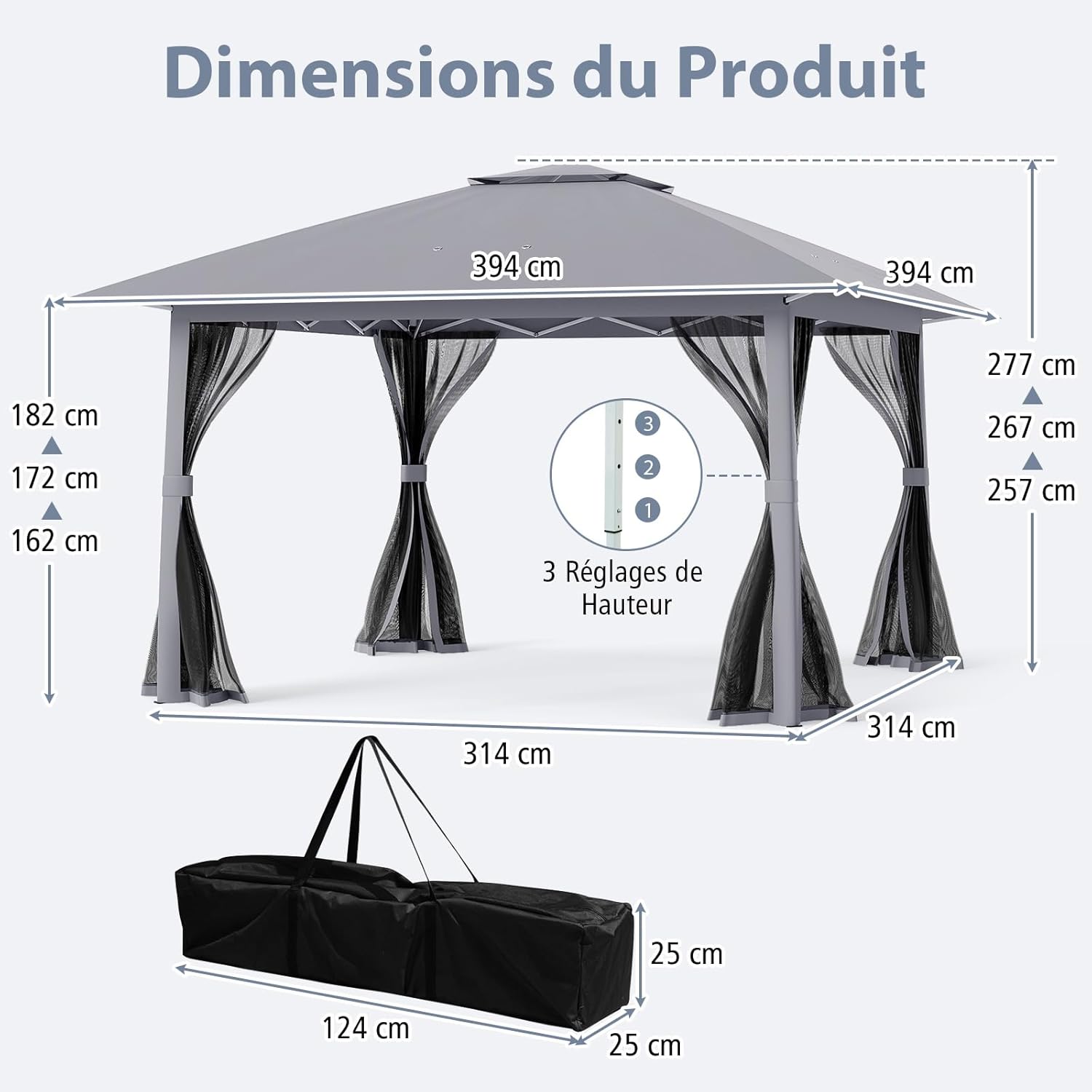 RELAX4LIFE - tonnelle pliante série 4x4 m - moustiquaire, tissu anti-UV, cadre métal