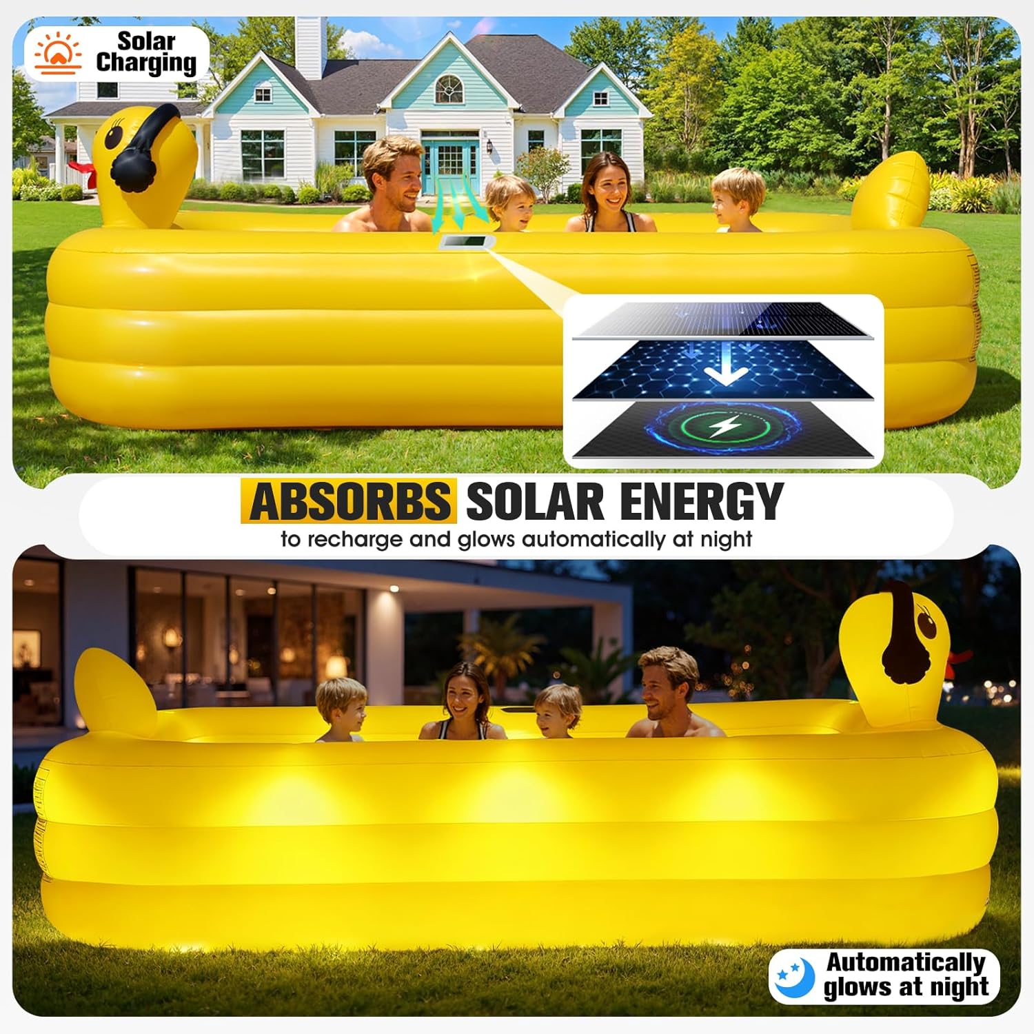 KingSom Piscine Gonflable avec Lumières, Caneton Piscine Rectangulaire Gonflable Solaire, Pataugeoire Grande pour Enfants et Adultes,254 x 160 x 56 cm Piscine Familiale Hors Sol pour Jardin,Extérieur