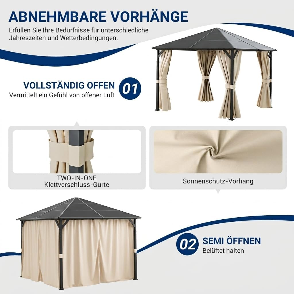 UDPATIO - Tonnelle série imperméable - 3x3m - Toit UV, rideaux, stabilisée, Champagne
