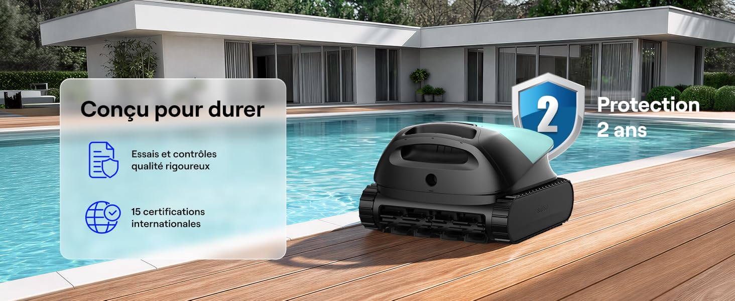 Le texte indique « Image 4 ». Appareil de nettoyage de piscine noir illustré à côté de la piscine, avec une signalisation d'information sur le produit visible.