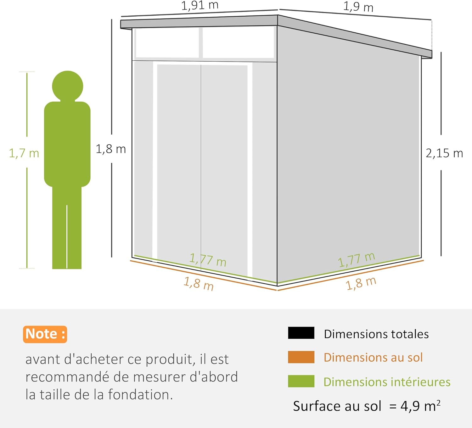 Outsunny - Abri de jardin polypropylène - 190x191x215 cm - double porte fenêtre aérez, gris clair