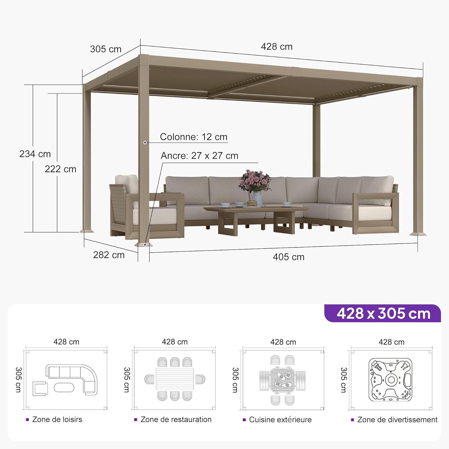 PURPLE LEAF - pergola bioclimatique LED - 3x4,25m - aluminium, lames orientables, anti-UV, sans entretien
