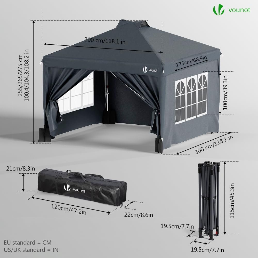VOUNOT - Tonnelle pliable 3x3m - imperméable, anti-UV, réglable