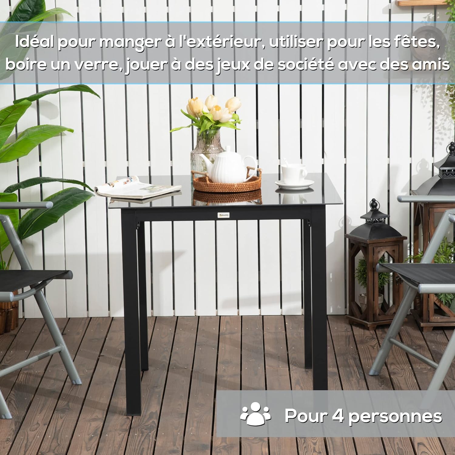 Outsunny - Table de jardin carrée - 80x80x74 cm - aluminium, plateau en verre trempé