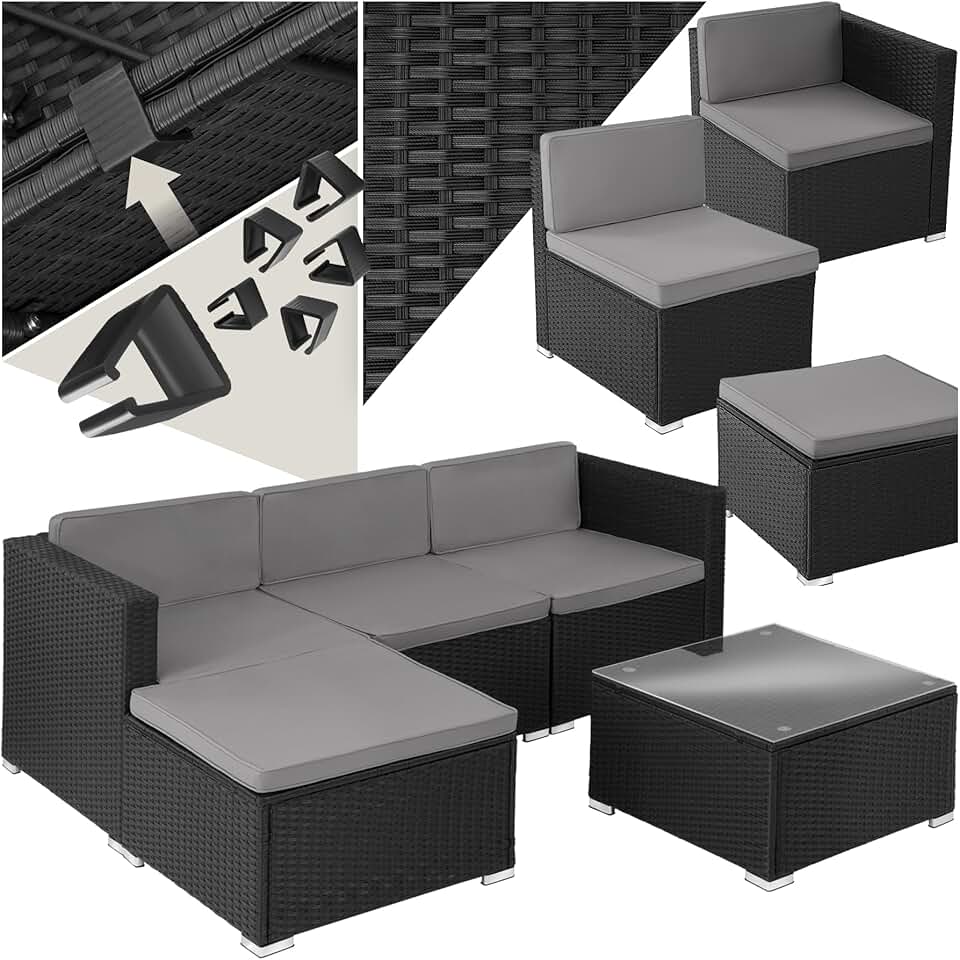tectake - Salon de jardin modulable 4 places, poly rotin, 3 fauteuils, 1 table, terrasse