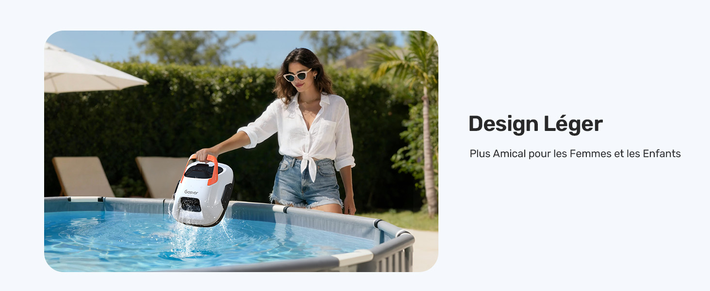Le texte indique « Design Léger ». Scène extérieure montrant un cadre au bord de la piscine ou au bord de l'eau.