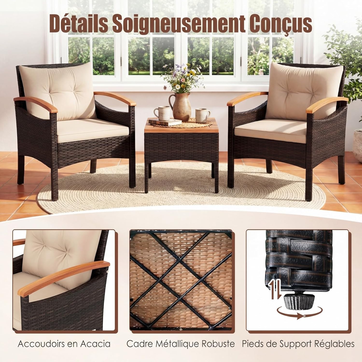 COSTWAY - Salon de Jardin 3 pcs - rotin PE, bois acacia, coussins amovibles, jaune terre