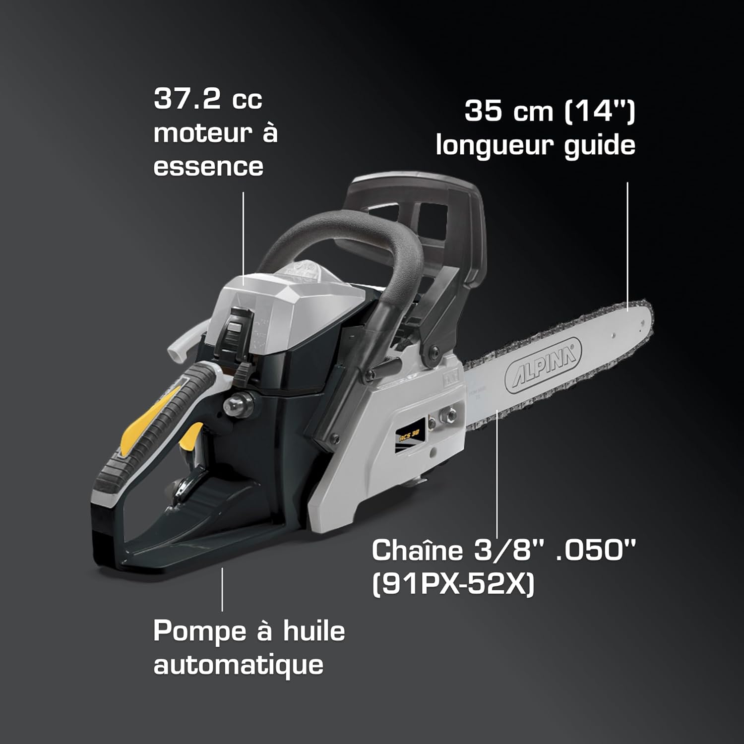 Alpina Tronçonneuse thermique ACS 38 (14)", Guide-chaîne de 35 cm (14)", Moteur thermique 37,2cc, 1200W, Vitesse de chaîne 21 m/s, Démarrage facile, Pompe à huile réglable automatiquement