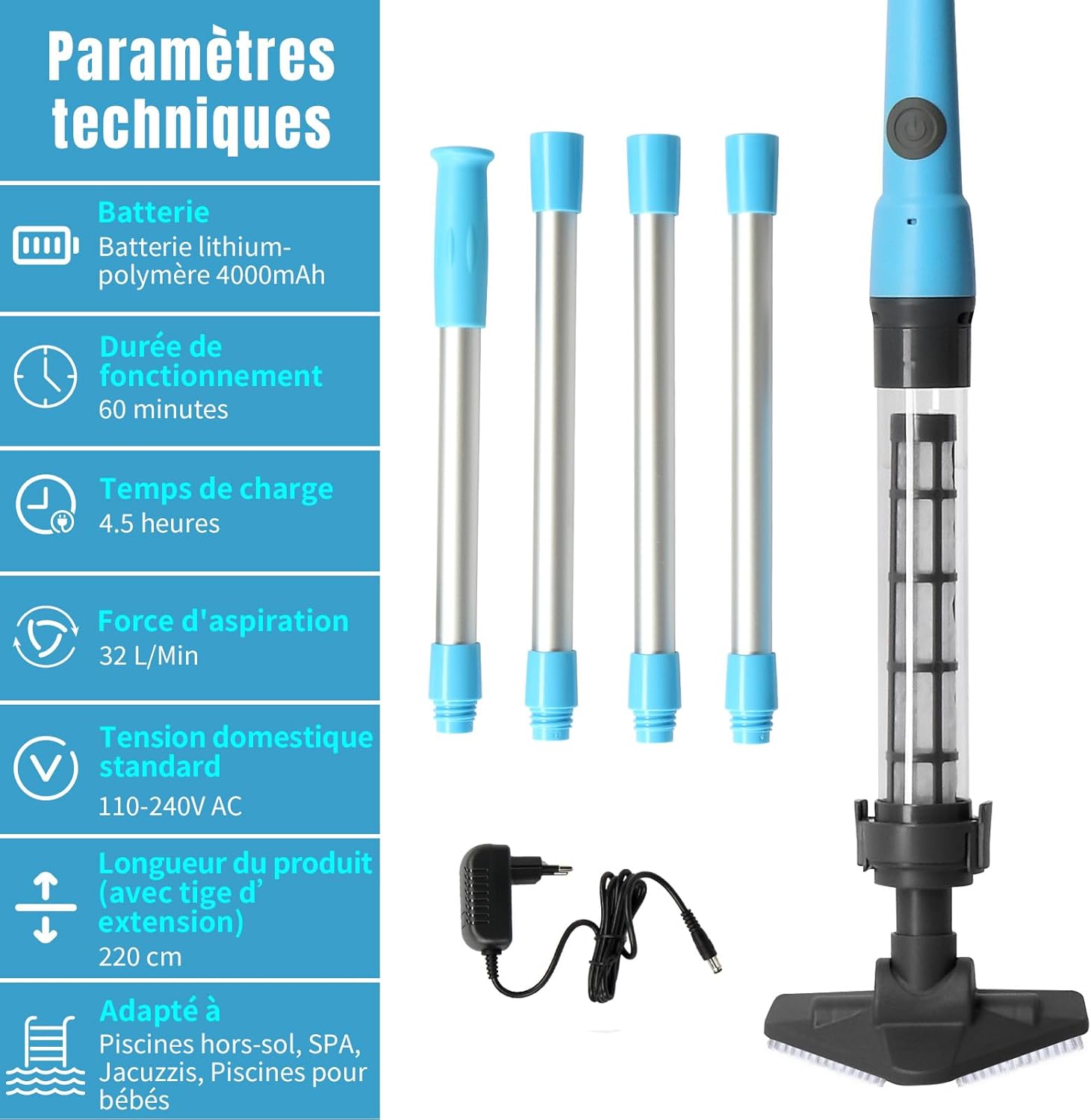 LEADZM - Aspirateur piscine sans fil, 4000mAh, 60min, 220x17,2x9,6cm