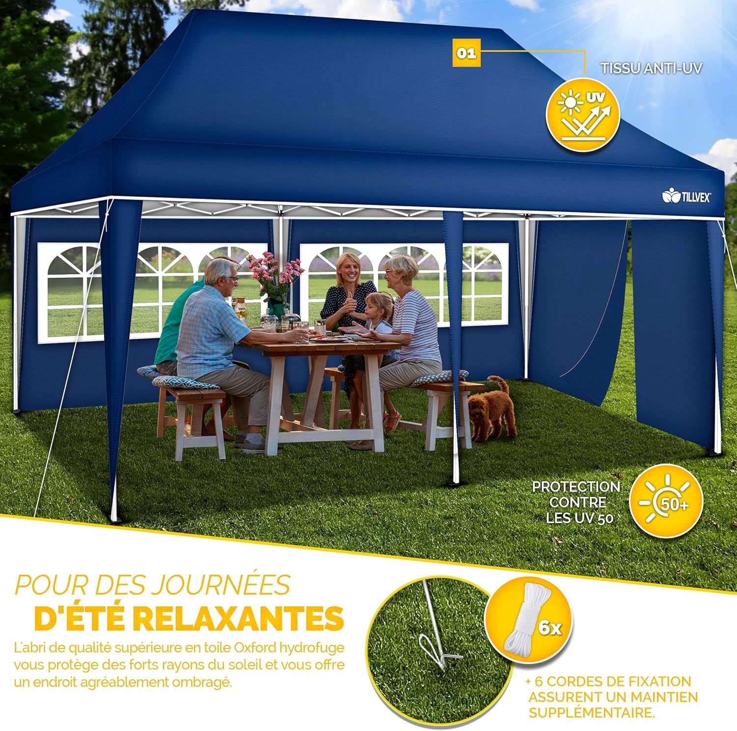 tillvex - Tonnelle pop-up 3x6m, étanche, UV50+, 3 côtés, sac