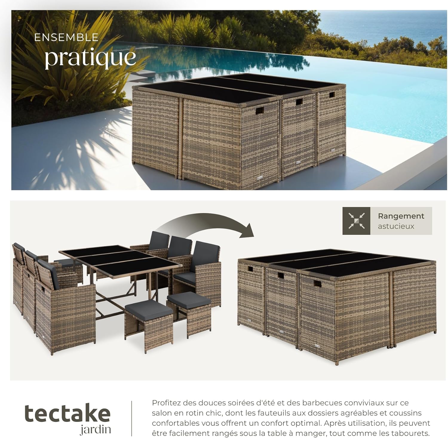 tectake - salon de jardin poly rotin 10 pers., housse, entretien facile