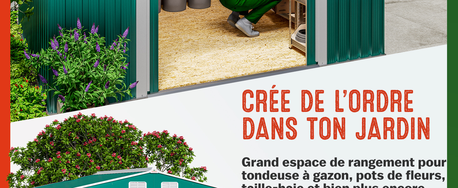 pour une solution de rangement de jardin. Trois images montrant des espaces extérieurs organisés avec des unités de rangement pour les outils et l'équipement.